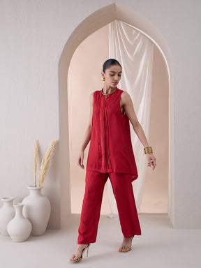 Red Sleeveless Scallop Detail Tunic With Straight Pant