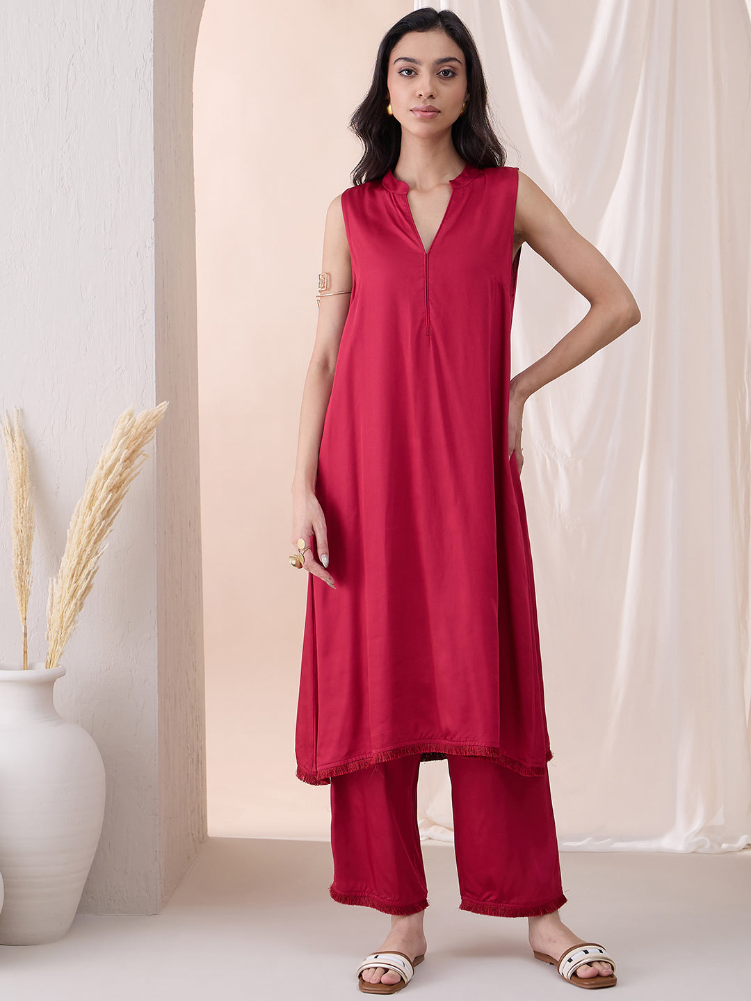 Deep Red Fringe Lace Detailing Long Kurta With Straight Pant