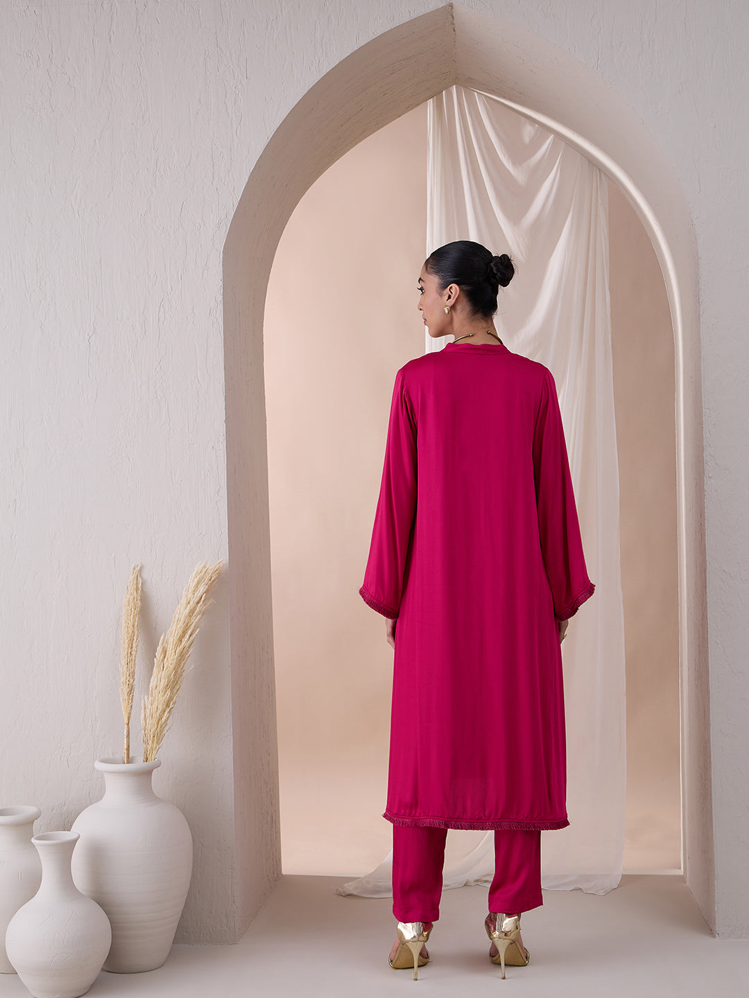 Pink Fringe Lace Detailing Long Kurta With Straight Pant