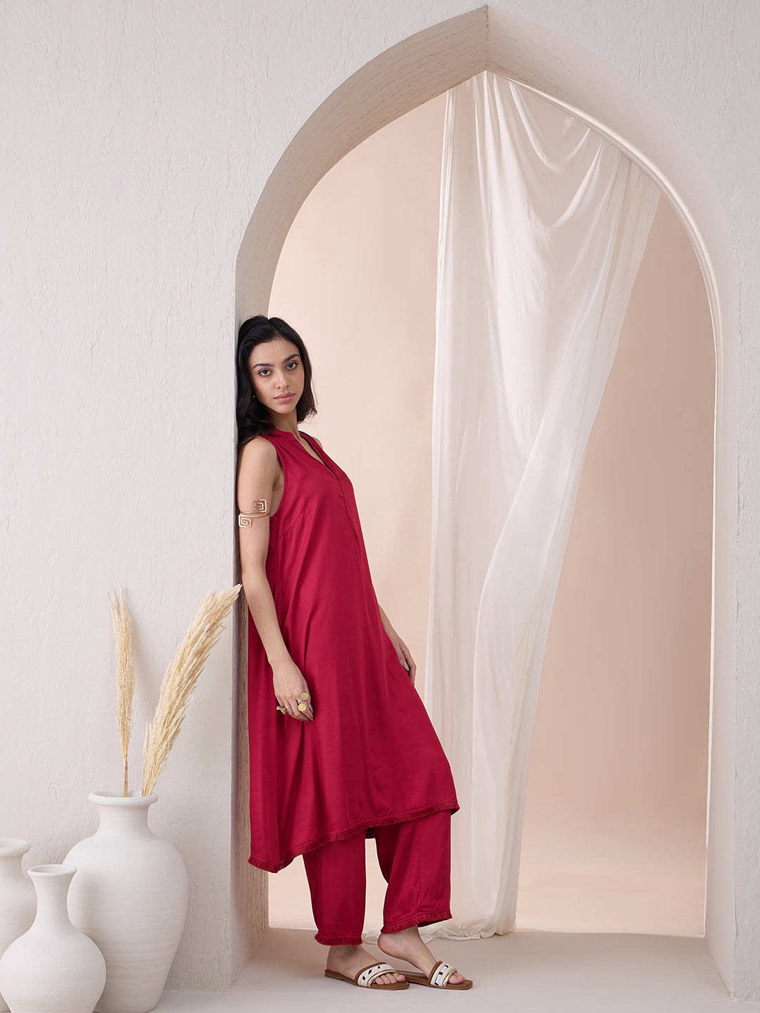 Deep Red Fringe Lace Detailing Long Kurta With Straight Pant