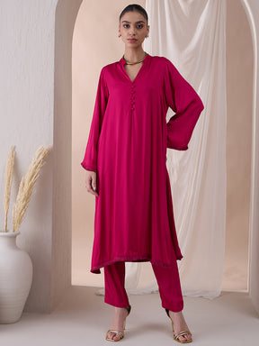 Pink Fringe Lace Detailing Long Kurta With Straight Pant