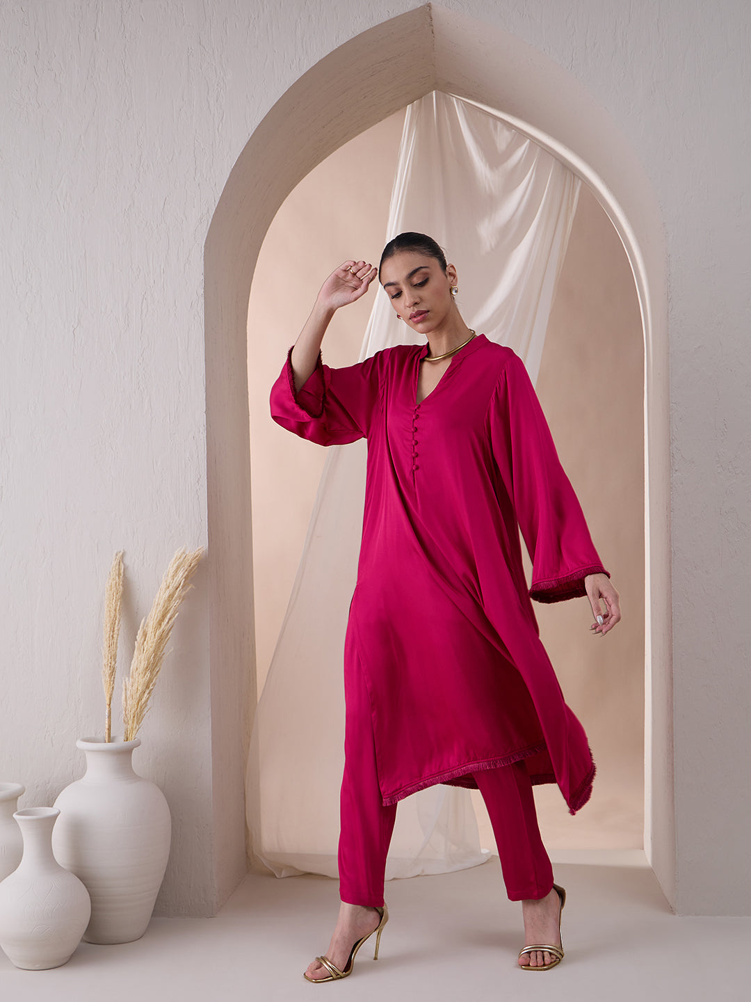 Pink Fringe Lace Detailing Long Kurta With Straight Pant