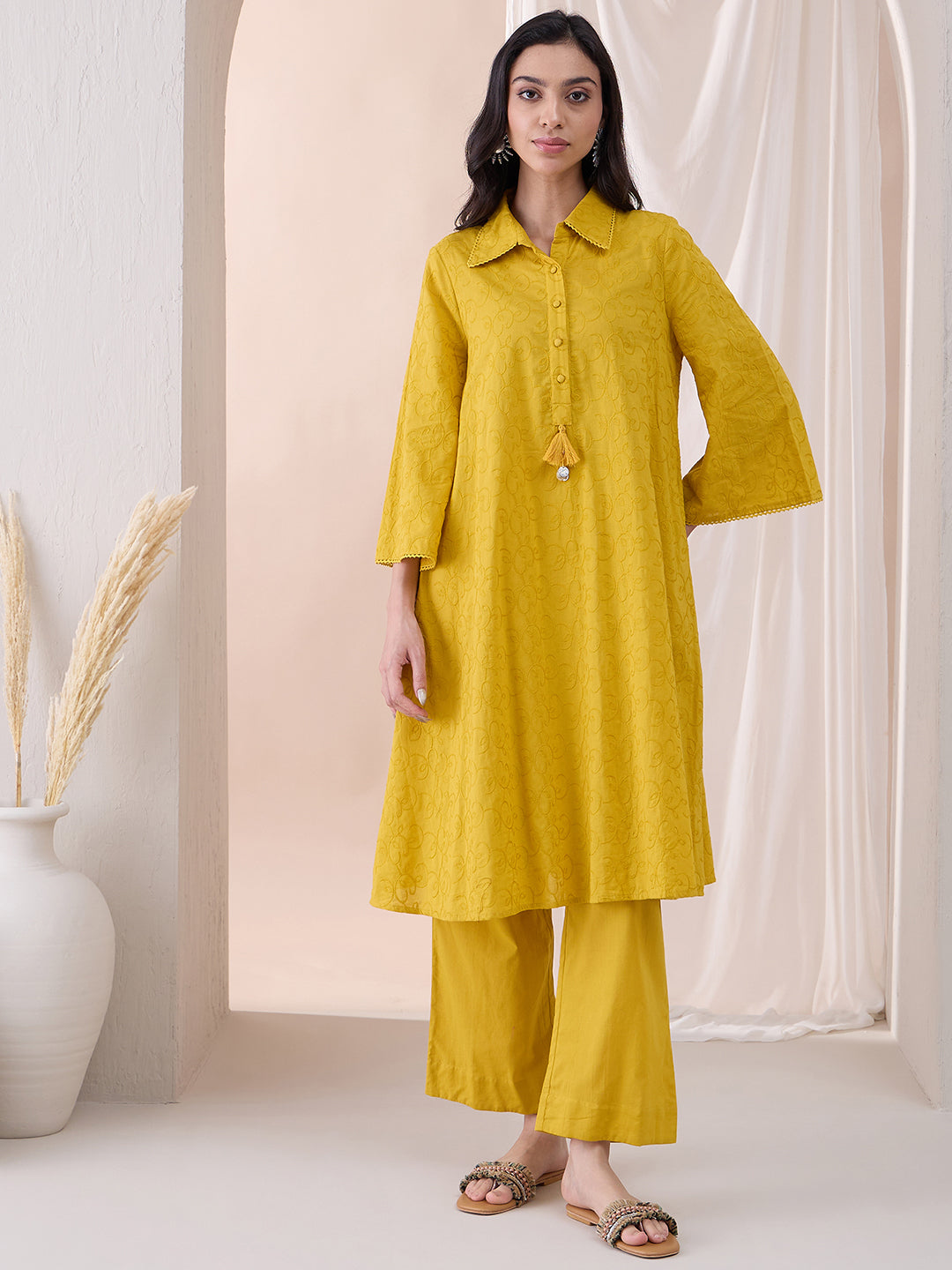 Mustard Cotton Embroidered Tassel Detail Tunic With Straight Pant