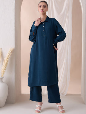 Teal Collared Long Shirt Tunic With Straight Pant