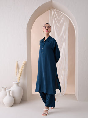 Teal Collared Long Shirt Tunic With Straight Pant