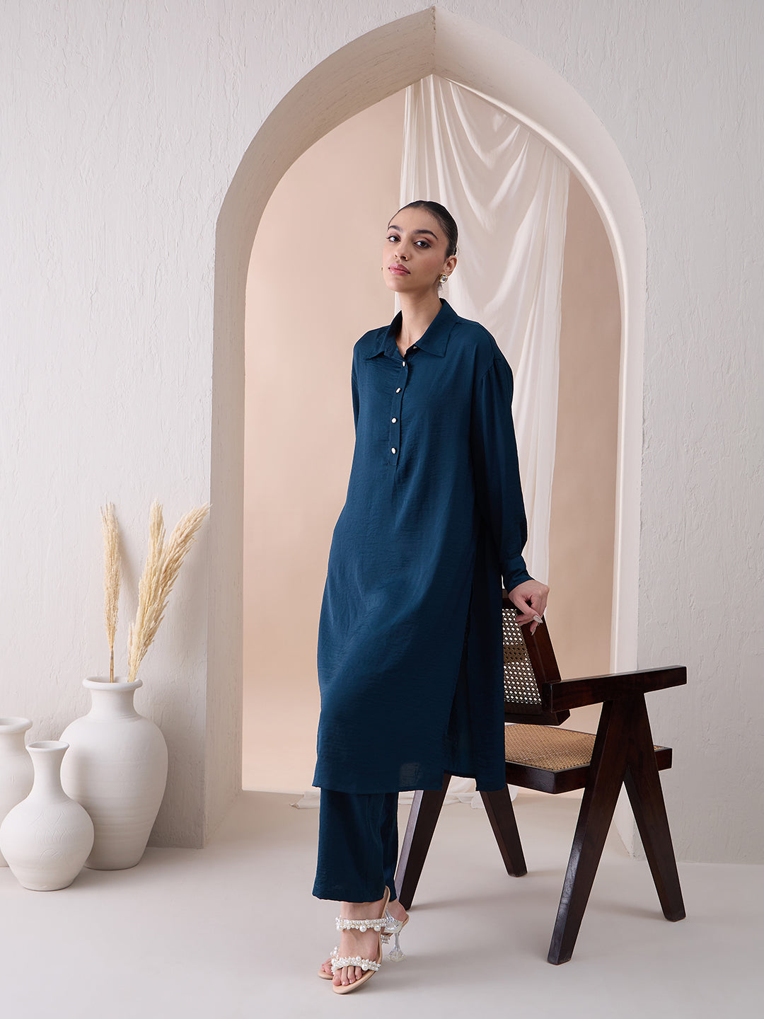 Teal Collared Long Shirt Tunic With Straight Pant