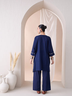 Navy Dobby High Low Kurta With Straight Pant