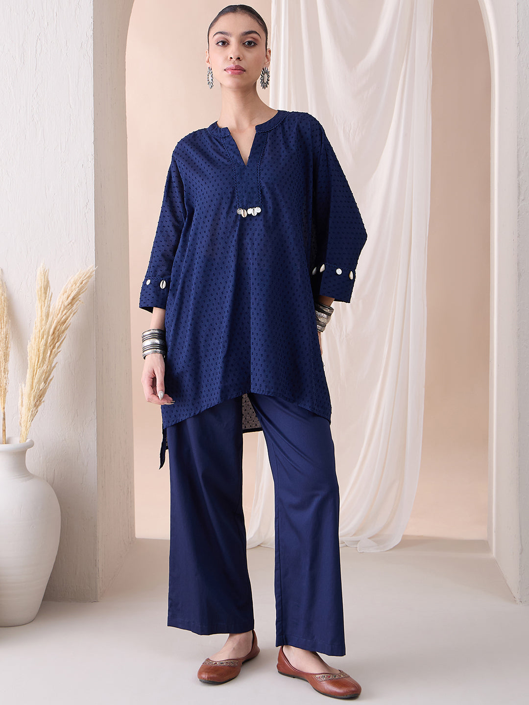 Navy Dobby High Low Kurta With Straight Pant