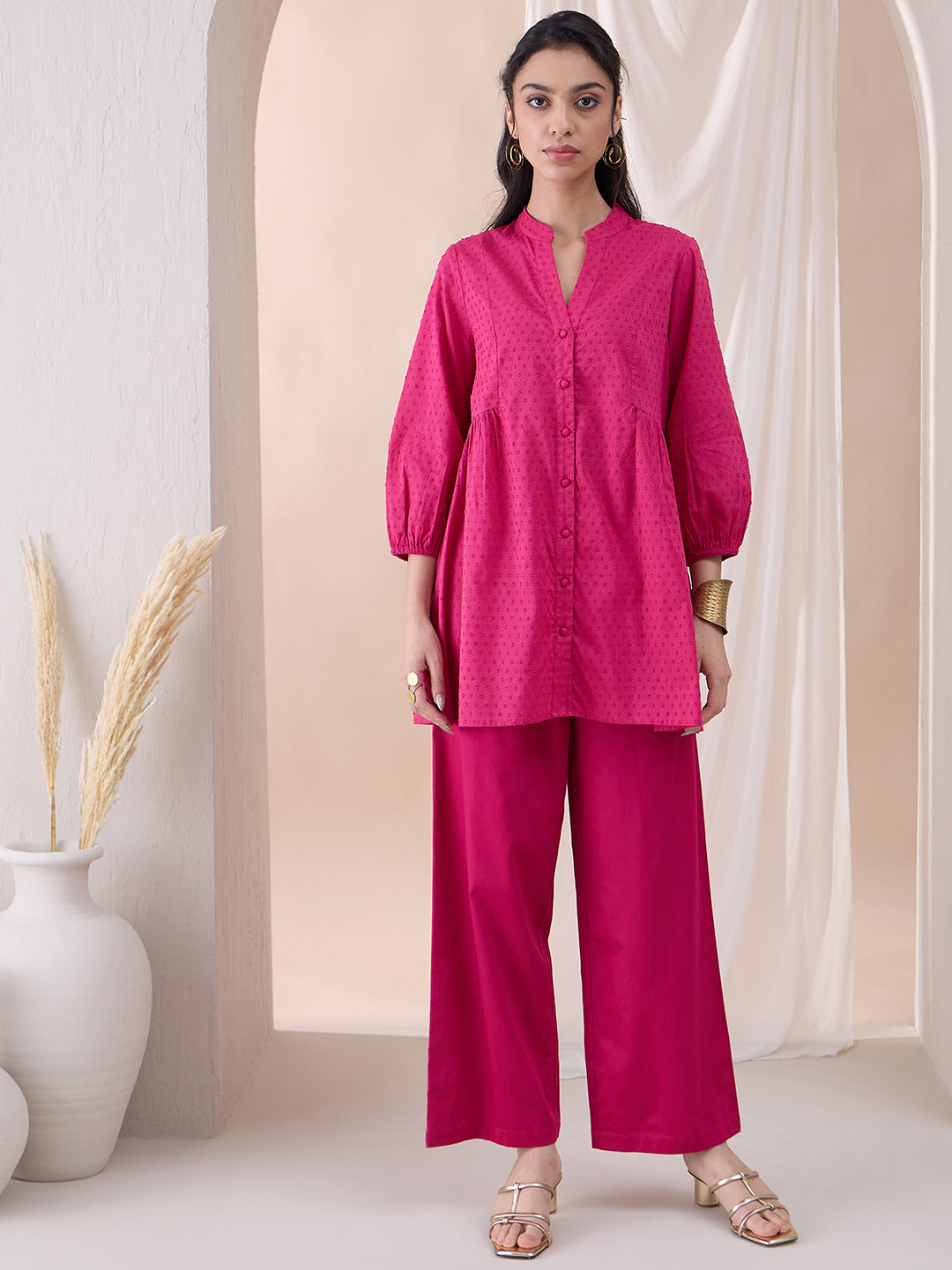 Pink Button Down Cotton Dobby Tunic With Straight Pant