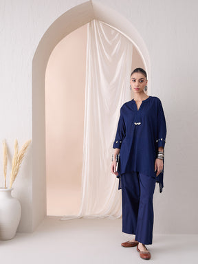 Navy Dobby High Low Kurta With Straight Pant