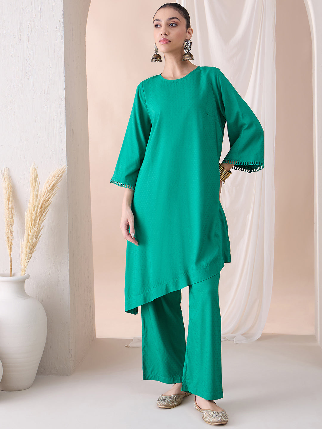 Green Asymmetrical Viscose Tunic With Straight Pant