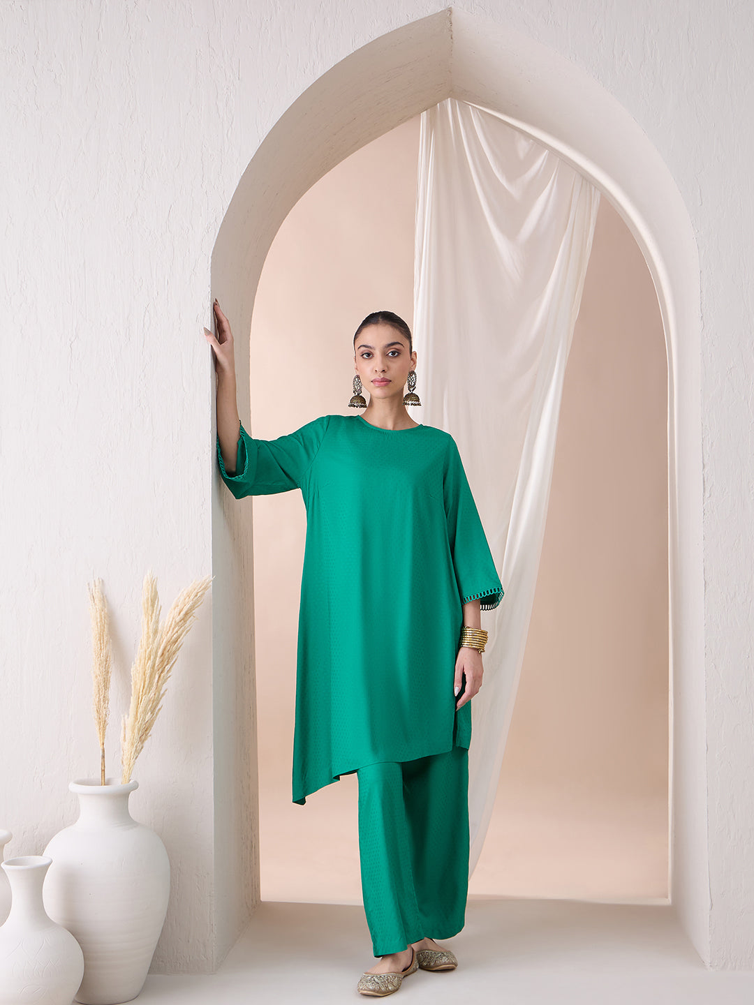 Green Asymmetrical Viscose Tunic With Straight Pant