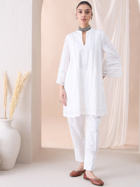 White Lace Detailing Dobby Kurta With Button Detailing Pant