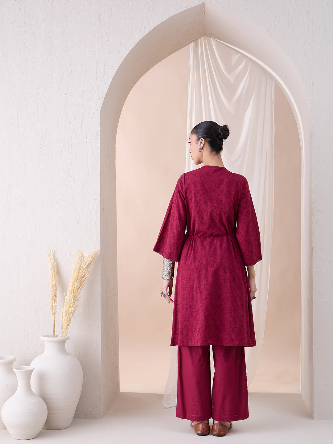 Deep Red Angrakha Cotton Embroidered Kurta With Straight Pant