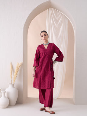 Deep Red Angrakha Cotton Embroidered Kurta With Straight Pant