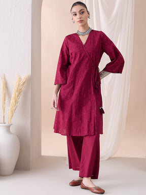 Deep Red Angrakha Cotton Embroidered Kurta With Straight Pant