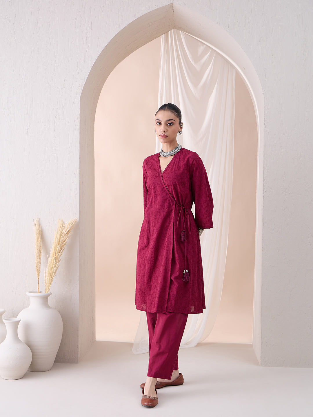 Deep Red Angrakha Cotton Embroidered Kurta With Straight Pant