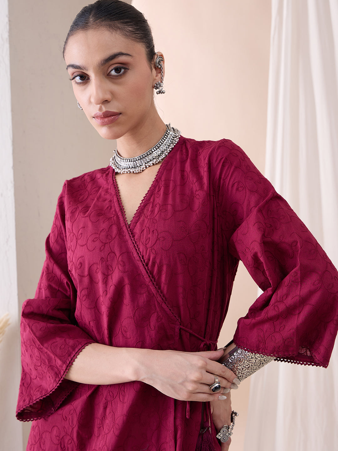 Deep Red Angrakha Cotton Embroidered Kurta With Straight Pant