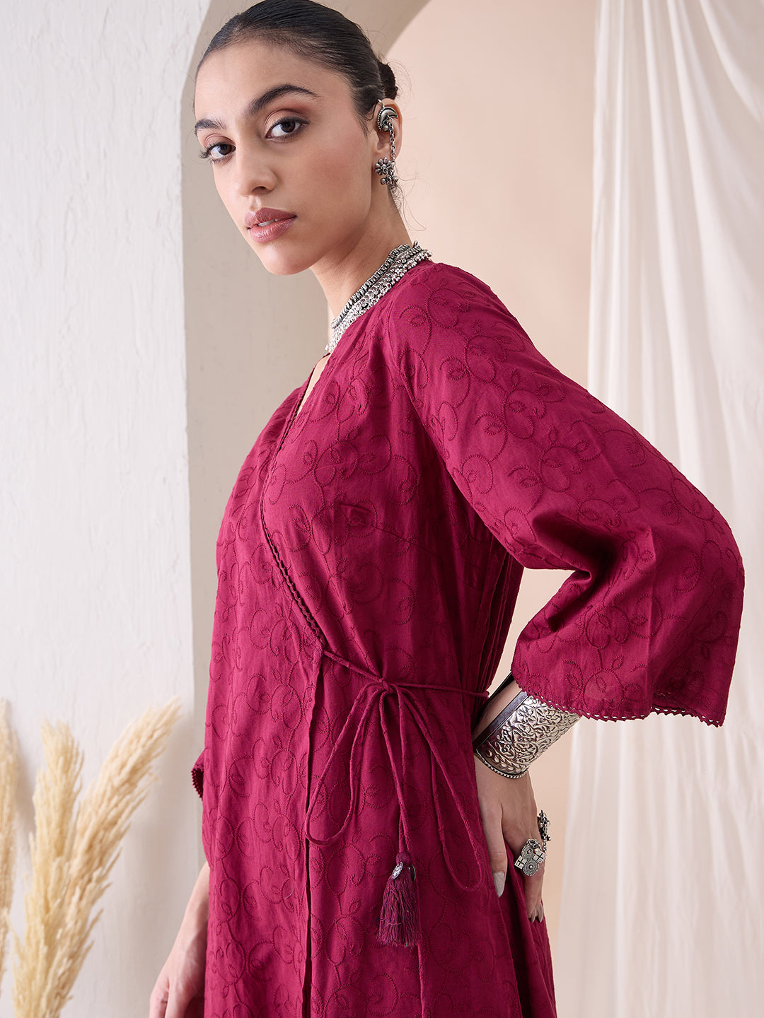 Deep Red Angrakha Cotton Embroidered Kurta With Straight Pant