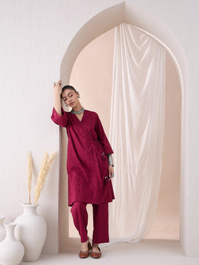 Deep Red Angrakha Cotton Embroidered Kurta With Straight Pant