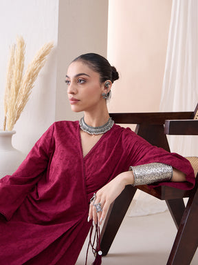 Deep Red Angrakha Cotton Embroidered Kurta With Straight Pant