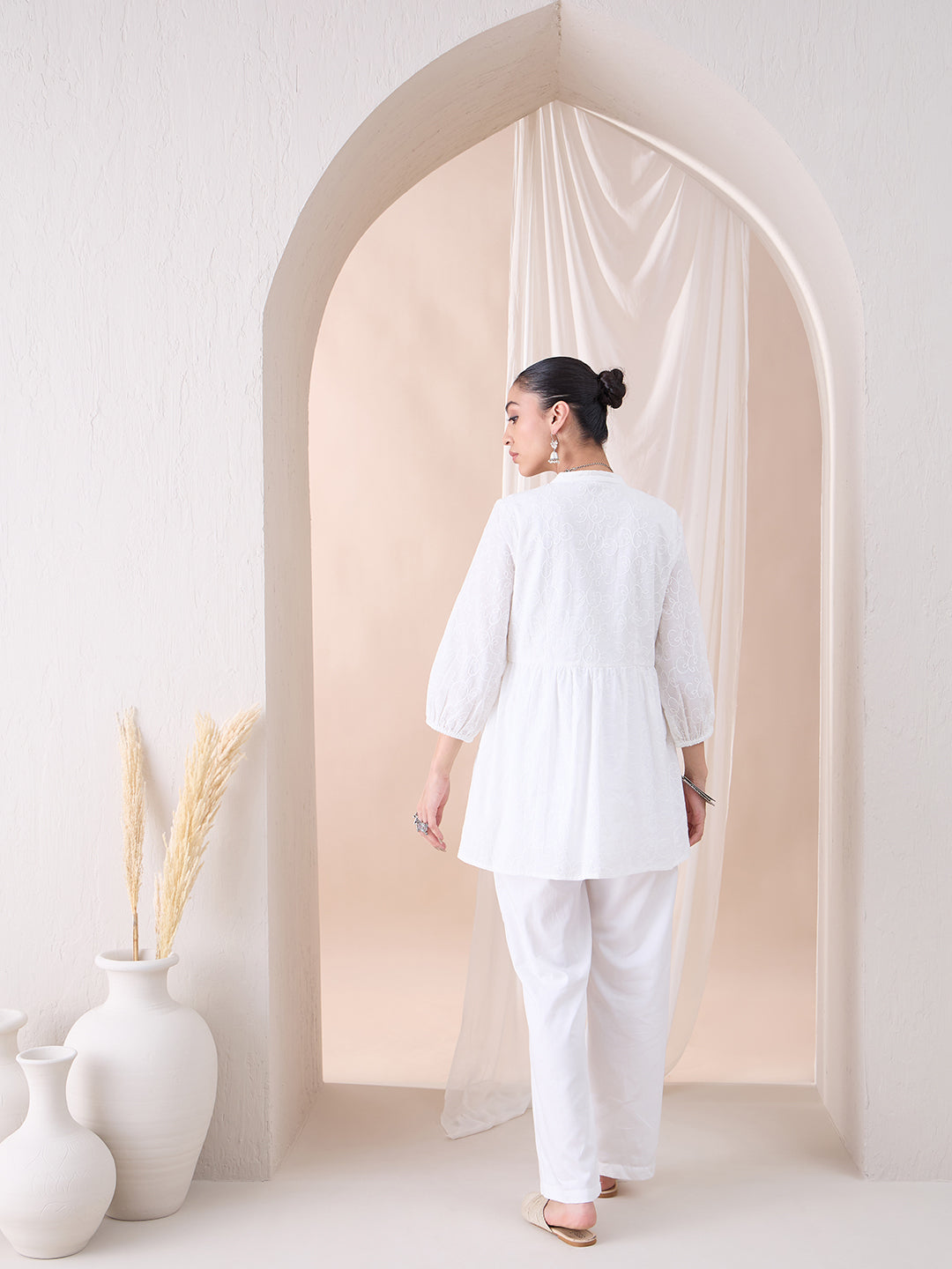 White Button Down Cotton Embroidered Tunic With Straight Pant