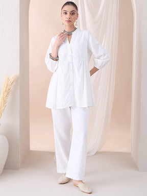 White Button Down Cotton Embroidered Tunic With Straight Pant