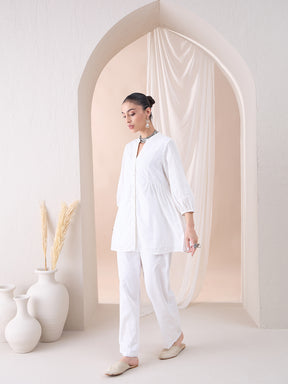 White Button Down Cotton Embroidered Tunic With Straight Pant