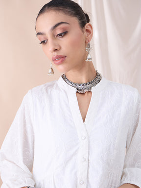 White Button Down Cotton Embroidered Tunic With Straight Pant