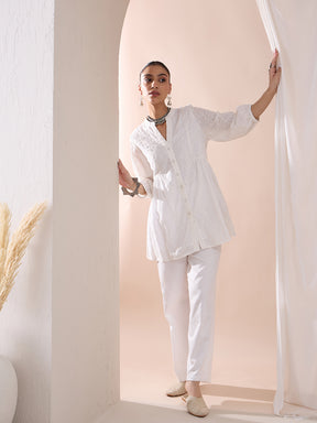 White Button Down Cotton Embroidered Tunic With Straight Pant