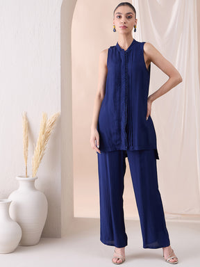 Navy Sleeveless Scallop Detail Tunic With Straight Pant