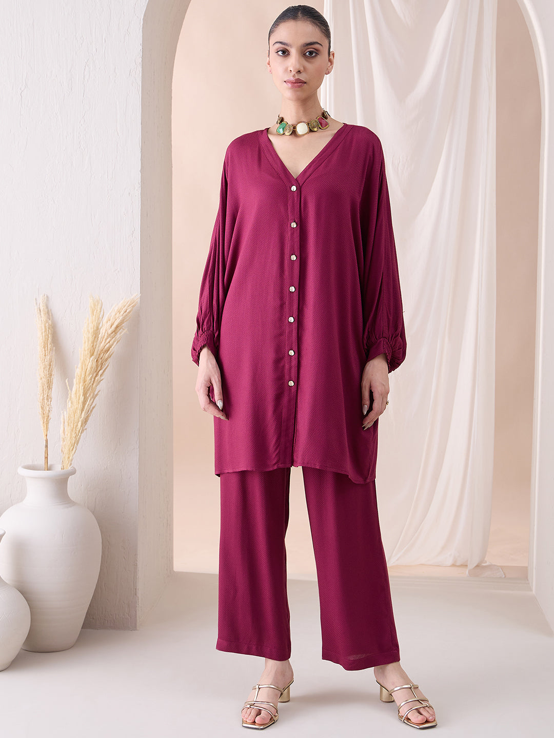 Wine Button Down Tunic With Straight Pant