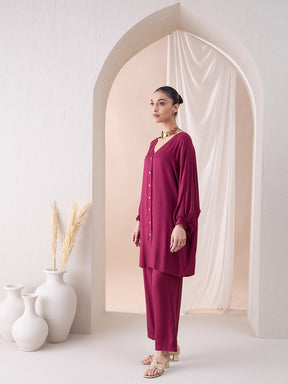 Wine Button Down Tunic With Straight Pant