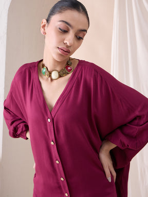 Wine Button Down Tunic With Straight Pant