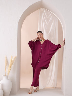 Wine Button Down Tunic With Straight Pant