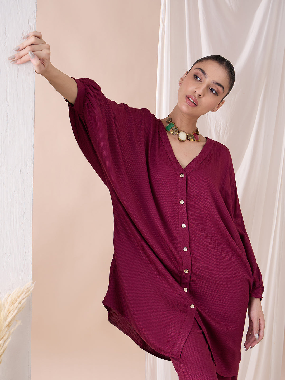 Wine Button Down Tunic With Straight Pant