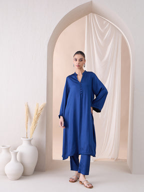 Navy Fringe Lace Detailing Long Kurta With Straight Pant