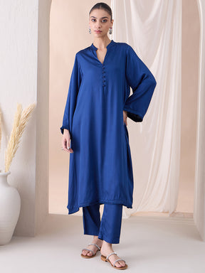 Navy Fringe Lace Detailing Long Kurta With Straight Pant