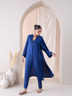 Navy Fringe Lace Detailing Long Kurta With Straight Pant