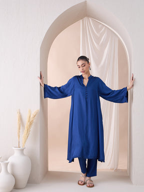 Navy Fringe Lace Detailing Long Kurta With Straight Pant