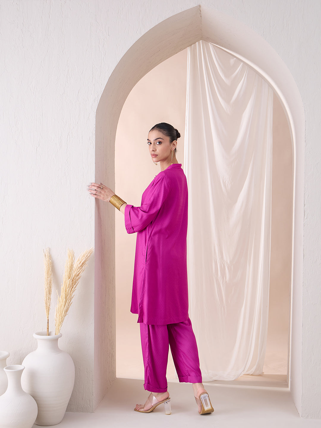 Fuchsia Pink Roll-Up Sleeves Tunic With Roll-Up Pant