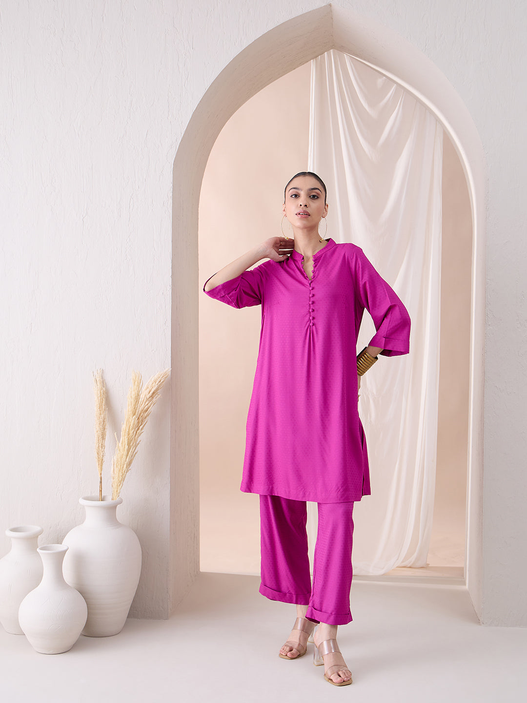 Fuchsia Pink Roll-Up Sleeves Tunic With Roll-Up Pant