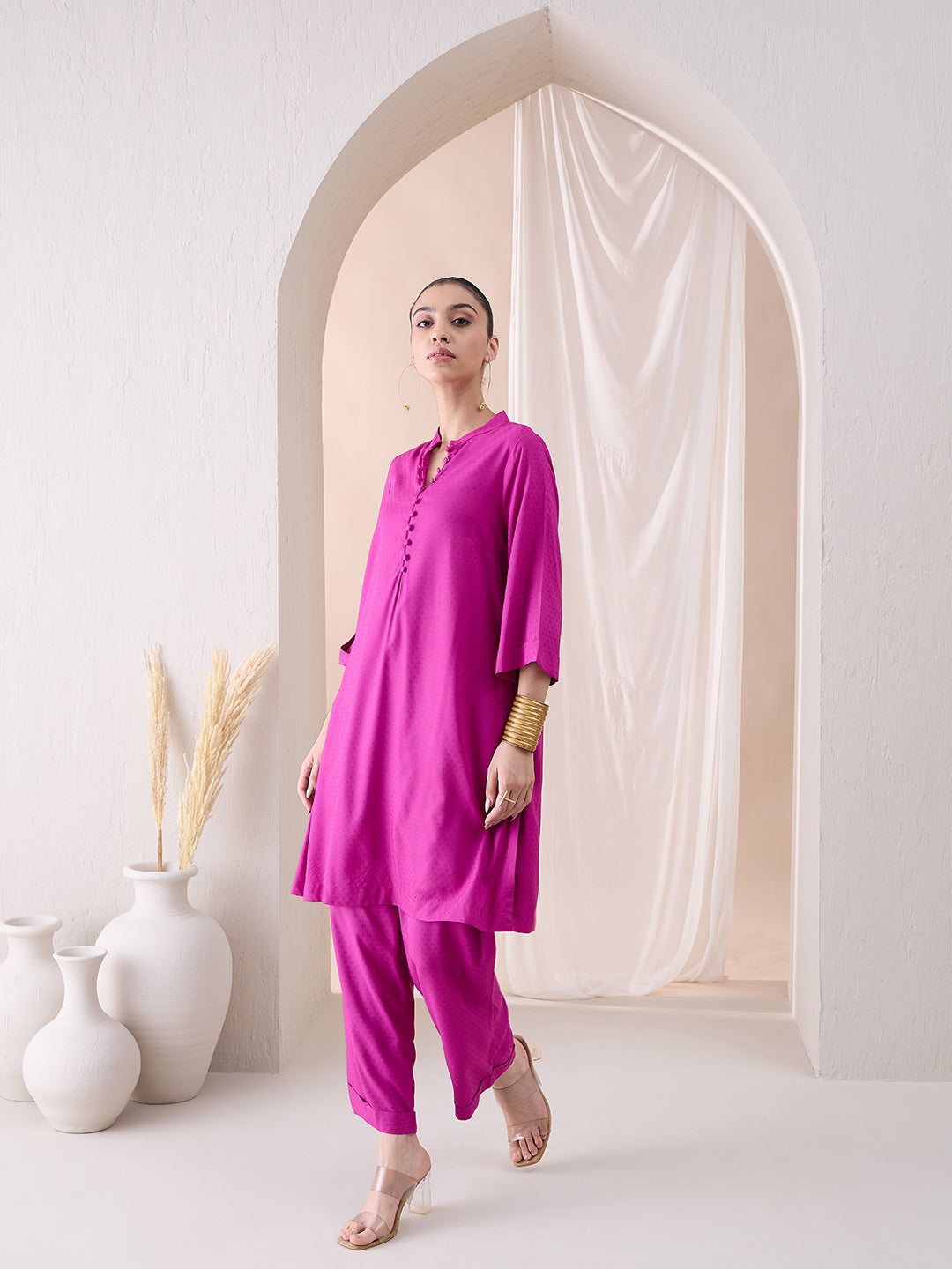 Fuchsia Pink Roll-Up Sleeves Tunic With Roll-Up Pant