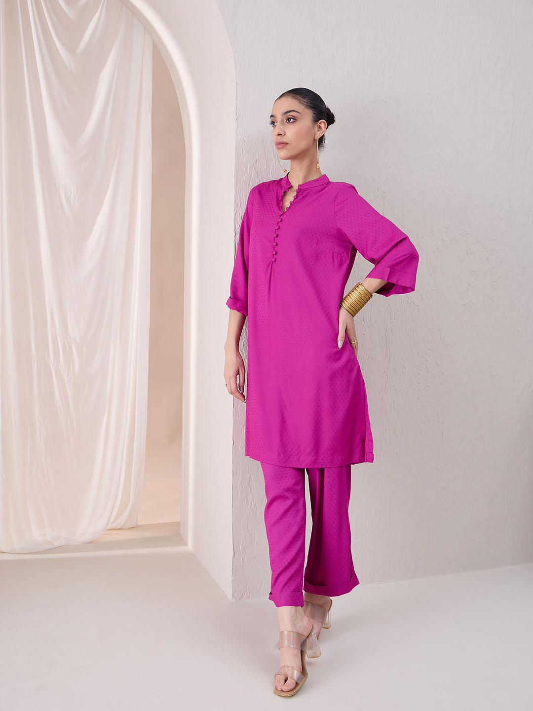 Fuchsia Pink Roll-Up Sleeves Tunic With Roll-Up Pant