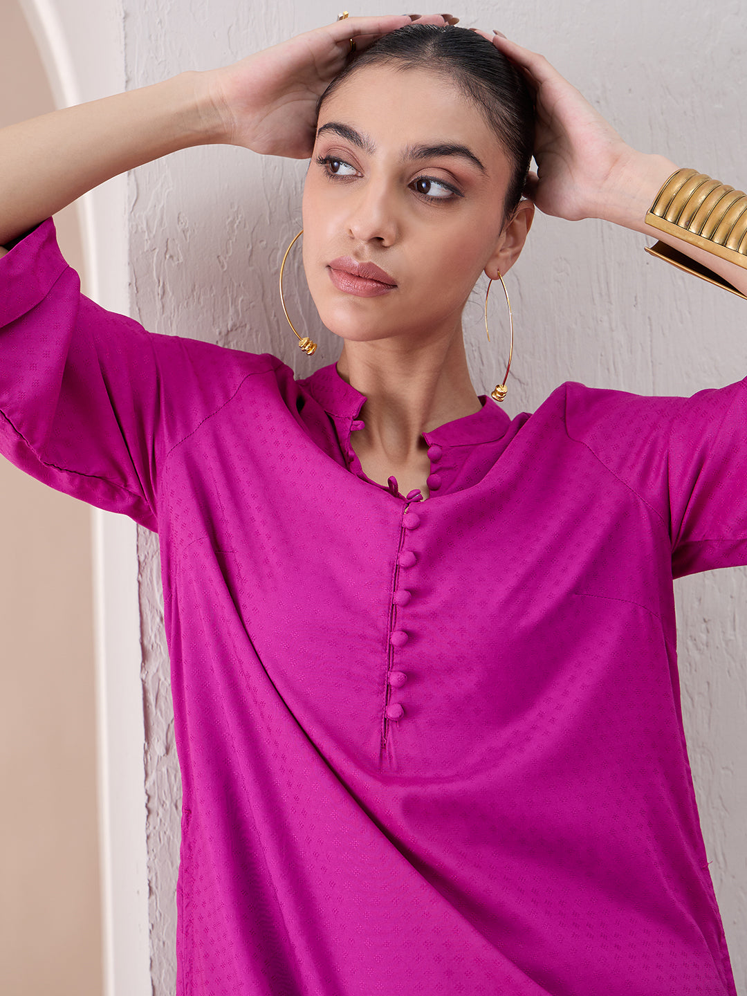 Fuchsia Pink Roll-Up Sleeves Tunic With Roll-Up Pant