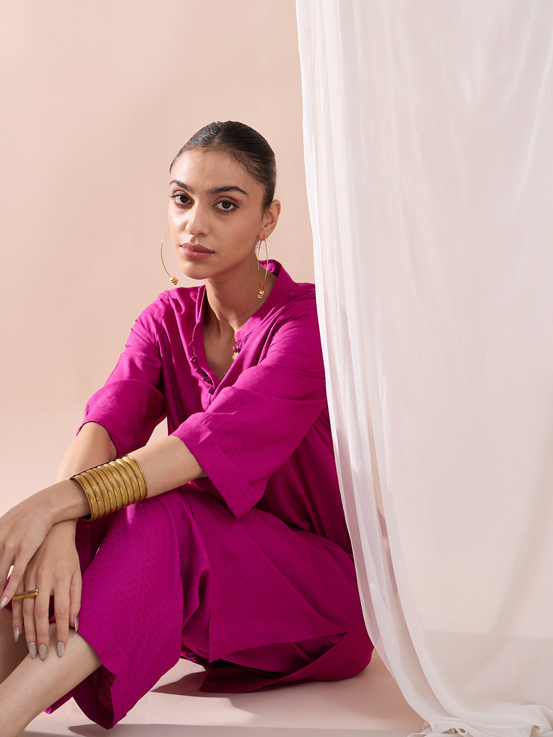 Fuchsia Pink Roll-Up Sleeves Tunic With Roll-Up Pant