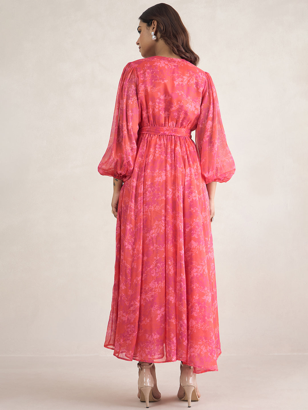 Orange And Pink Floral Printed Wrap Maxi Dress