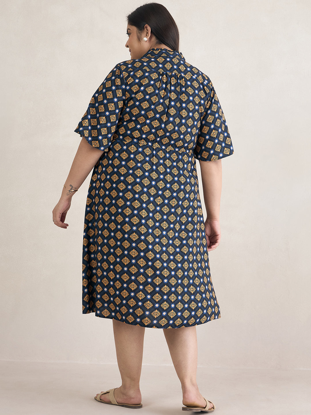 Navy Geometric Print Drawstring Midi Dress