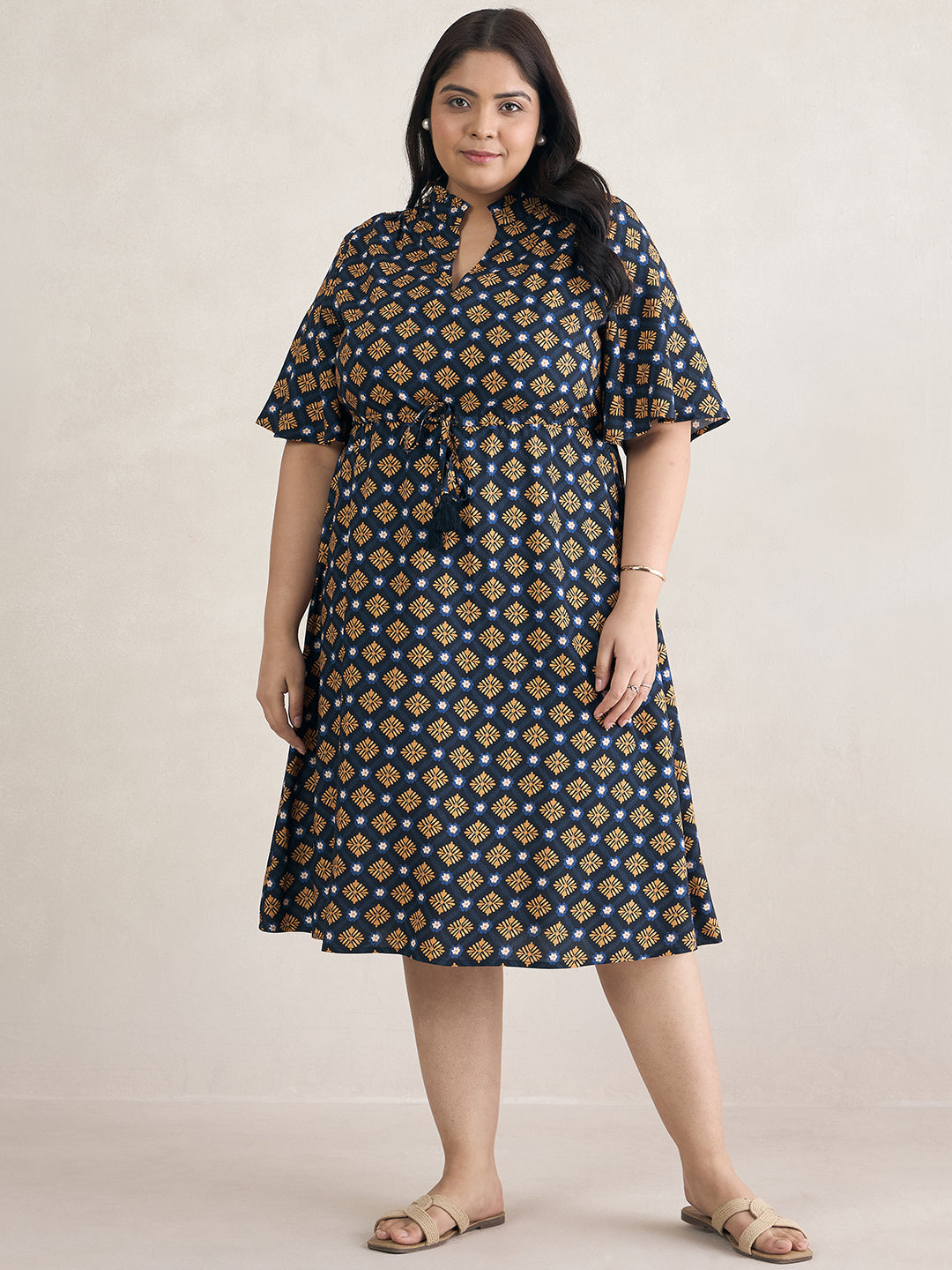 Navy Geometric Print Drawstring Midi Dress