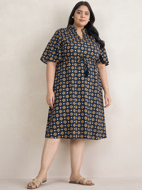 Navy Geometric Print Drawstring Midi Dress